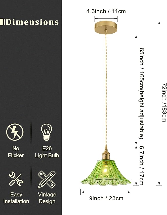 Vintage Glass Pendant Light，Green Flower Ceiling Pendant Light，Gold Adjustable Hanging Wire for Kitchen Island Dining Room Bedroom Hallway (9Inch - Green(B))