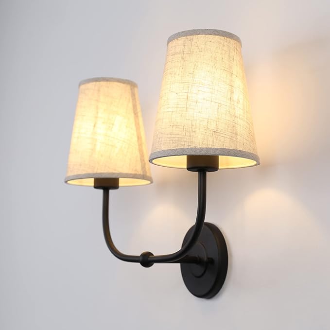 2-Lights Wall Sconces with Funnel Linen Fabric Shades, Double Light Wall Lamps for Bedroom Living Room Vanity Bathroom Hallway Stairway
