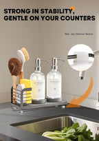 Kitchen Soap Dispenser Set with Drying Tray – 16oz Glass Bottles with Stainless Steel Pumps, Sink Organizer Caddy with Brush Holder & Non-Slip Feet – All-in-One Dish & Hand Soap Station