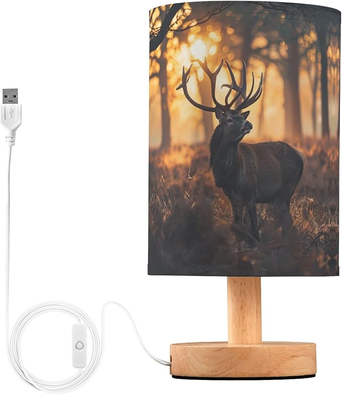 Table Lamp Deer in Sunrise Forest Nightstand Lamp with Wood Base Fabric Lamp Shade Bedside Desk Lamp for Living Room Bedroom Kids Room Office
