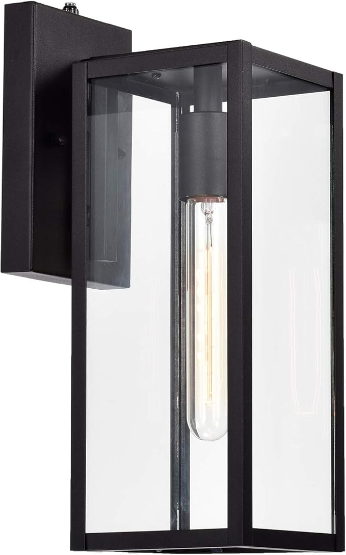 MICSIU Dusk to Dawn Outdoor Lighting, 14.5 Inch Exterior Wall Mount Lantern with Clear Glass, Industrial Textured Black Outside Lighting for Front Porch