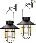 pearlstar Solar Lantern Outdoor 2 Packs Hanging Light Metal Solar Lamp with Warm White Edison Bulb Design for Garden Yard Patio Proch Decor(Black)
