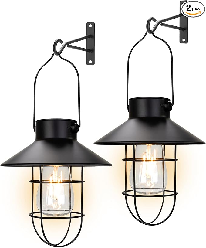 pearlstar Solar Lantern Outdoor 2 Packs Hanging Light Metal Solar Lamp with Warm White Edison Bulb Design for Garden Yard Patio Proch Decor(Black)