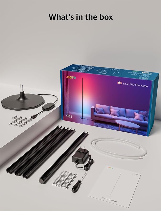 Lepro OE1 AI Smart Floor Lamp, RGBICW Corner Light with Music Sync, Alexa Compatible, Personalized AI Lighting Designer, Modern LED Standing Lamp for Living Room/Bedroom, 1000LM, 2.4G WiFi, No Remote