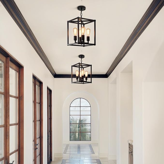 Black Chandelier Dining Room Light Fixtures,4-Light Farmhouse Chandelier Metal Cage Hanging Pendant Lighting Adjustable Height,Industrial Hanging Lights for Kitchen Island Dining Room Hallway Foyer