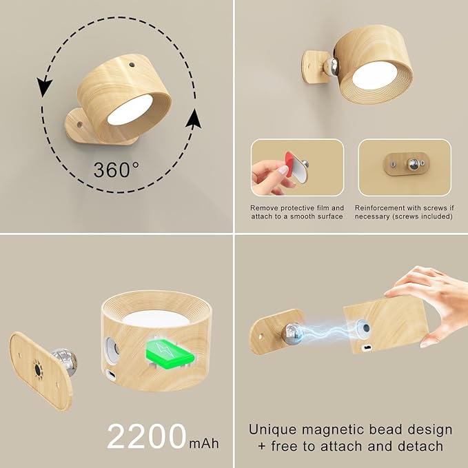 Remote LED Wall Sconce - Rechargeable Cordless Wall Light, 3 Colors & 3 Brightness Levels, 360째 Magnetic Rotating Head, Bedside Reading Lamp, Easy Install Battery Operated Lamp Wood Pack of 2