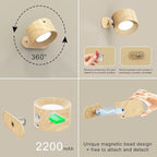 Remote LED Wall Sconce - Rechargeable Cordless Wall Light, 3 Colors & 3 Brightness Levels, 360째 Magnetic Rotating Head, Bedside Reading Lamp, Easy Install Battery Operated Lamp Wood Pack of 2