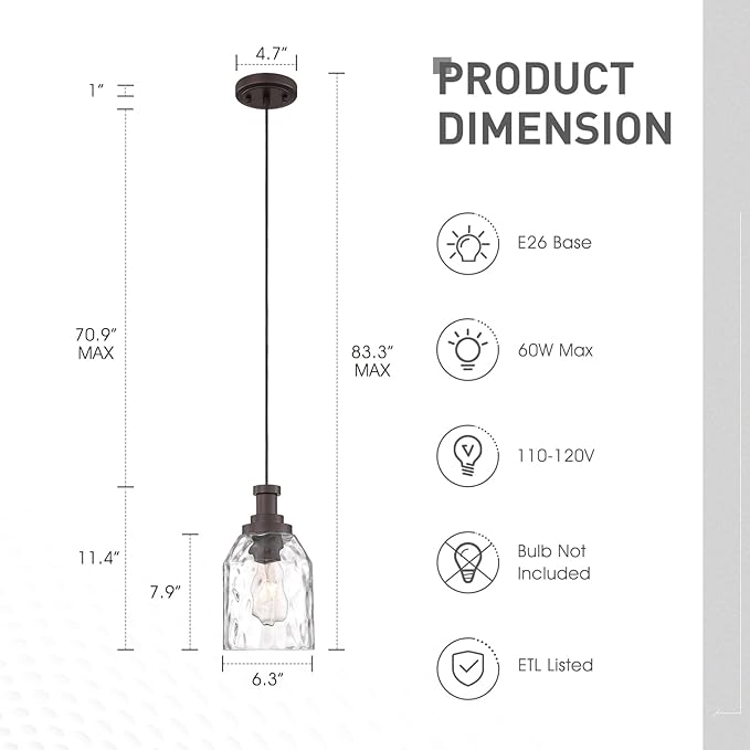 zeyu 1-Light Kitchen Hanging Light Fixture, Farmhouse Island Pendant Lighting, Water Ripple Glass Shade, Oil Rubbed Bronze Finish, ZG33M1L-L ORB-WG