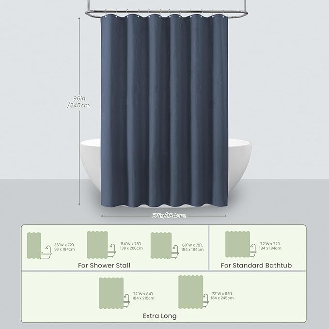 Inhousolu Fabric Shower Curtain Waffle Weave, Navy Blue 230 GSM Heavy Duty, Weighted Hem, 14 Metal Hooks, Water Repellent, Machine Washable, Hotel Spa Luxury Bath Curtain Set, 72 x 96 Inch