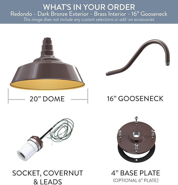 Steel Lighting Co. Redondo Barn Light | Outdoor Wall Mounted | 20 inch Dome | 16 inch Gooseneck | Large Farmhouse Warehouse Light Made in America | Dark Bronze Exterior/Brass Interior