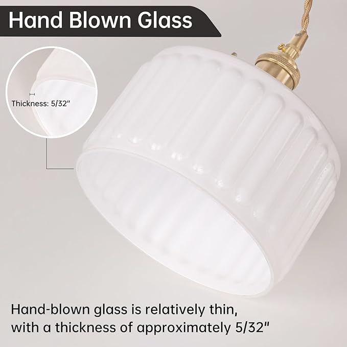Pendant Light with White Striped Glass Lmapshade, Brass Vintage Pendant Light Adjustable Hanging Light for Kitchen Island Dining Room Hallway