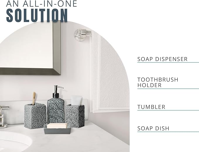 Comfify Designer 4 Piece Bathroom Accessory Set – Ceramic Bath Set w/Liquid Soap or Lotion Dispenser, Toothbrush Holder, Tumbler and Soap Dish – Decorative Set w/Embossed Details – Dark Grey