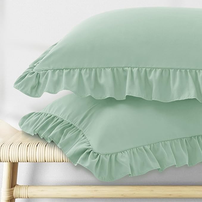 KKJIAF Ruffle Pillow Cases King Size Set of 2, Ruffled Pillow Covers with Envelope Closure, Wrinkle Resistant Pillowcases 20" x 36", Ruffled Pillow Shams, Sage Green