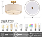 16" Double Drum Gold 3-Light Semi Flush Mount Ceiling Light, Classic Fabric Linen Shade Design for Living Room, Bedroom, Kitchen, Dining Room, Hallway and Entryway