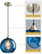 Blue Glass Pendant Lights Kitchen Island Lighting Globe Pendant Light Fixtures Modern Pendant Lighting for Kitchen Island Bedroom Living Dining Room Light Fixture(9.84in, 1-Pack)