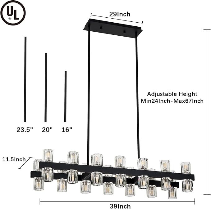 Black Linear Chandelier, 39 Inch 28-Lights Modern Kitchen Island Dining Room Over Table Light Fixture, Industrial Farmhouse Large Pendant Lighting with Crystal Shade