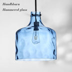 16" Extra Large Farmhouse Pendant Light – Hand-Blown Blue Hammered Glass Shade, Black Finish, Adjustable Chain Hanging Light Fixture for Kitchen Island, Dining Room, Hallway
