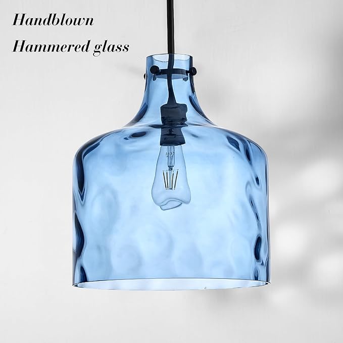 16" Extra Large Farmhouse Pendant Light – Hand-Blown Blue Hammered Glass Shade, Black Finish, Adjustable Chain Hanging Light Fixture for Kitchen Island, Dining Room, Hallway