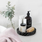 Travertine Tray, Small Ceramic Vanity Tray for Bathroom Counter Decor, Round Marble Decorative Trays for Coffee Table (Grey Black, Small Size)