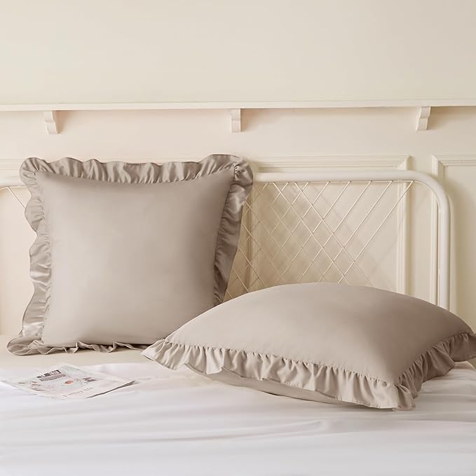 KKJIAF Ruffle Pillow Cases 18x18 Inches, Khaki Square Ruffled Pillow Covers Set of 2, Microfiber Wrinkle Resistant Pillow Shams with Envelope Closure for Sofa Bed Living Room