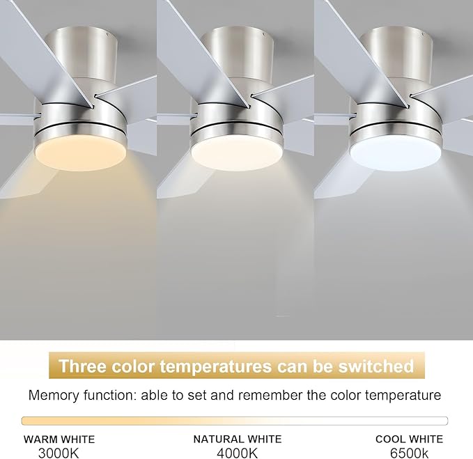 YUHAO 44 Inch Flush Mount Brushed Nickel Ceiling Fan with Light and Remote Control.Noiseless,Dimmable,3CCT,6 Speeds Reversible, Low Profile DC Ceiling Fans for Indoor Use