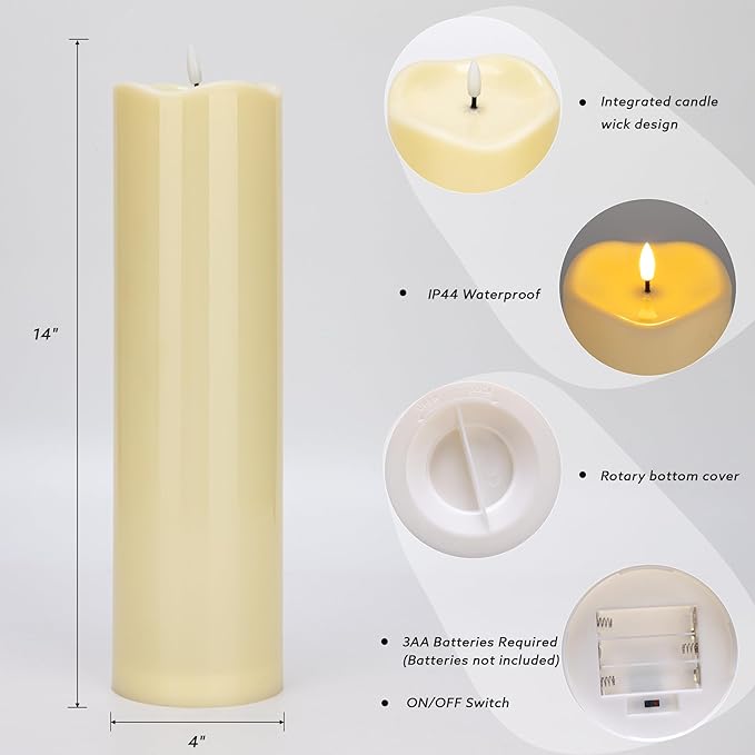 2pack 4"*14" Large Outdoors Flameless Candles Battery Operated with Remote & Timer, Waterproof Plastic LED Flickering Pillar Candles for Home Decoration, Weddings, Ivory