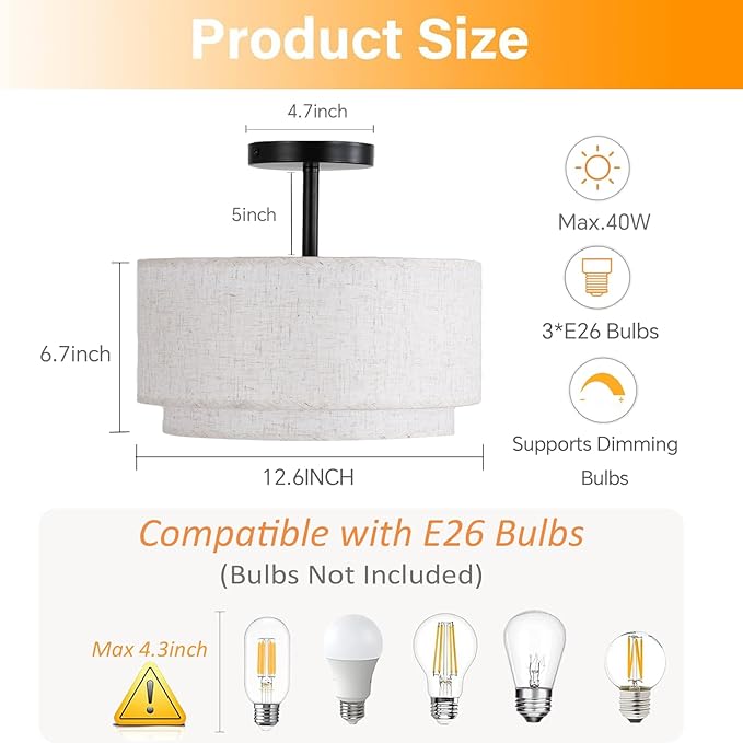 12.6inch Flush Mount Ceiling Light Fixture,3-Light Modern Close to Ceiling Light with 2-Layer Linen Fabric Shade,Farmhouse Drum Ceiling Mount Lamp for Bedroom Hallway Living Room