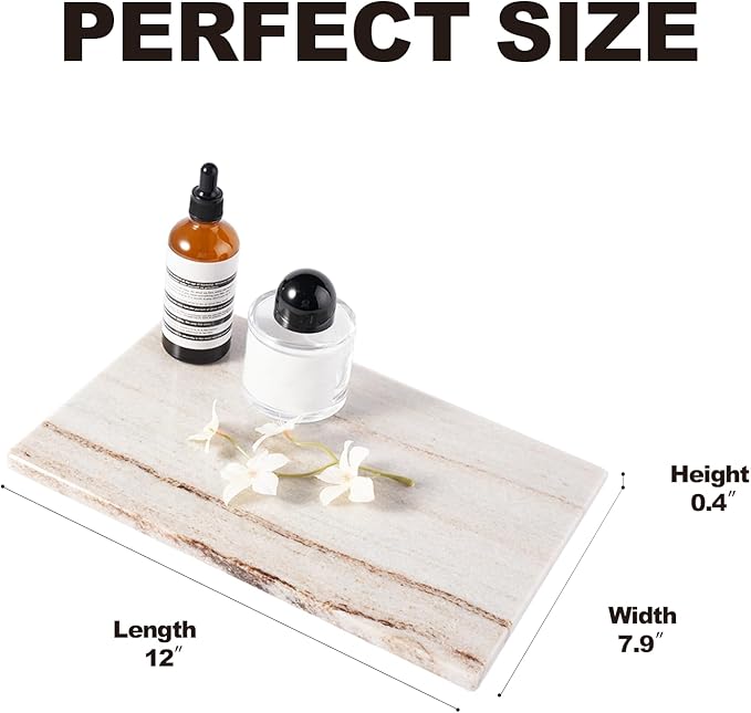 Natural Marble Cutting Boards for Kitchen - 12" x 8" Multi-Purpose Pastry Marble Tray Cheese Board Marble Slab for Counter, Bathroom Perfume Tray Jewelry Candle Plate (Crystal White Wooden)