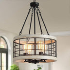 Farmhouse Drum Chandelier,Rustic White Oak Wood Color&Black Metal Finish 4-Light Chandeliers for Dining Room Kitchen Entryway UL Listed