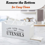 Kitchen Utensil Holder with Drainage Bottom, Large 3 Compartments Solid Real Wood Utensil Organizer for Kitchen Counter, Farmhouse Cooking Tools Storage for Countertop, White