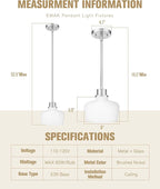 Emak Pendant Lights Kitchen Island with Milk Glass Shade, Modern 8 Inch Brushed Nickel Pendant Light Hanging Lights for Kitchen Island, Dining Room, Bathroom, Bedroom, PL122-BN-ML