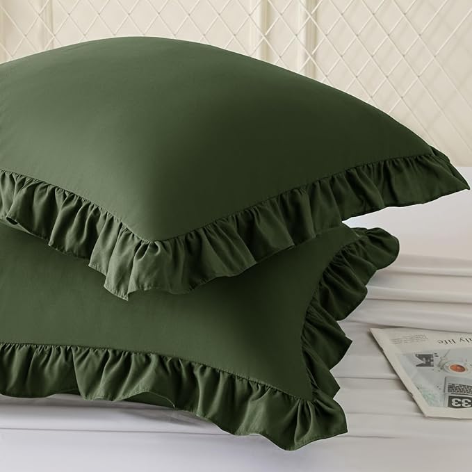KKJIAF Ruffle Pillow Cases 24x24 Inches, Olive Green Square Ruffled Pillow Covers Set of 2, Microfiber Wrinkle Resistant Pillow Shams with Envelope Closure for Sofa Bed Living Room