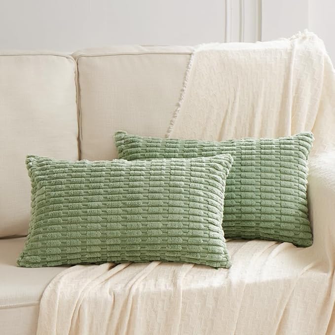 Fancy Homi Sage Green Lumbar Decorative Throw Pillow Covers 12x20 Inch for Living Room Couch Bedroom, Soft Corduroy Rectangle Solid Cushion Case 30x50 cm, Rustic Farmhouse Boho Home Decor
