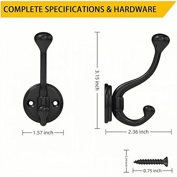 10 Pack Wall Hooks for Hanging, Heavy Duty Coat Hook Wall Mount, Easy to Install Metal Closet Hooks, Apply to Bathrooms, Bedrooms, Living Rooms, Entrances (Black)