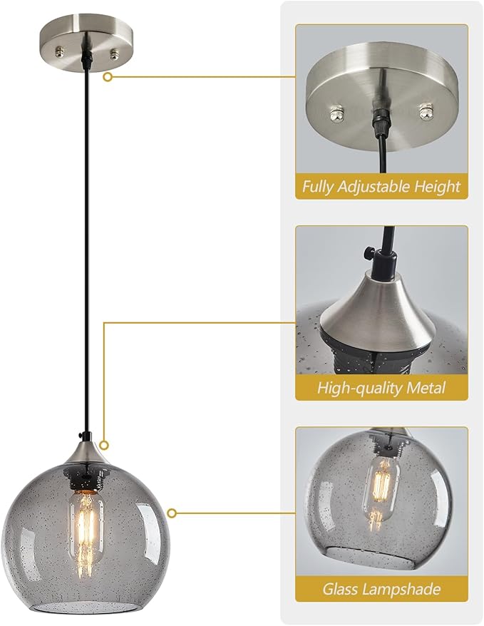 Light Grey Glass Pendant Lights Kitchen Island Lighting Globe Pendant Light Fixtures Modern Pendant Lighting for Bedroom Living Dining Room Light Fixture (7.87 in, 1 Pack)