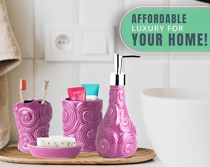 Comfify Designer 4 Piece Bathroom Accessories Set - with Soap or Lotion Dispenser, Toothbrush Holder, Tumbler and Soap Dish - Glossy Finish - Purple