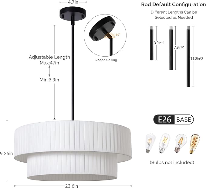 LamQee Modern Large Drum Chandelier, 2-Tire 23.6inch Ceiling Hanging Light Fixture 5-Light Black Semi Flush Mount Pendant Light for Dining Room Living Room Bedroom Kitchen Island
