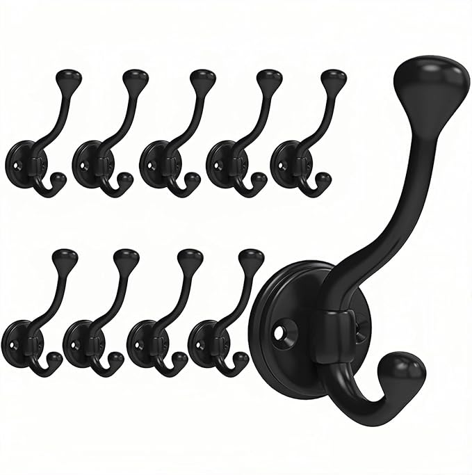 10 Pack Wall Hooks for Hanging, Heavy Duty Coat Hook Wall Mount, Easy to Install Metal Closet Hooks, Apply to Bathrooms, Bedrooms, Living Rooms, Entrances (Black)