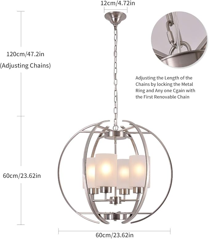 Globe Brushed Nickel Chandelier Dining Room Light Fixture Modern 24" Kitchen Chandeliers Over Table Hanging Industrial Pendant Lights for Island Foyer Restaurant