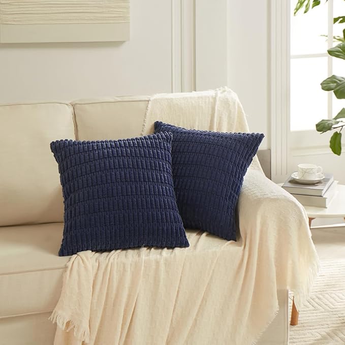 Fancy Homi Navy Blue Decorative Throw Pillow Covers 20x20 Inch for Living Room Couch Bed Sofa, Soft Corduroy Square Cushion Case 50x50 cm, Rustic Modern Farmhouse Boho Home Decor