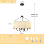 18'' Black Drum Chandelier for Dining Room Light Fixture 5-Light Modern Farmhouse Chandelier with Beige Linen Fabric Lampshade Large Drum Pendant Light Fixture for Kitchen Living Room Bedroom