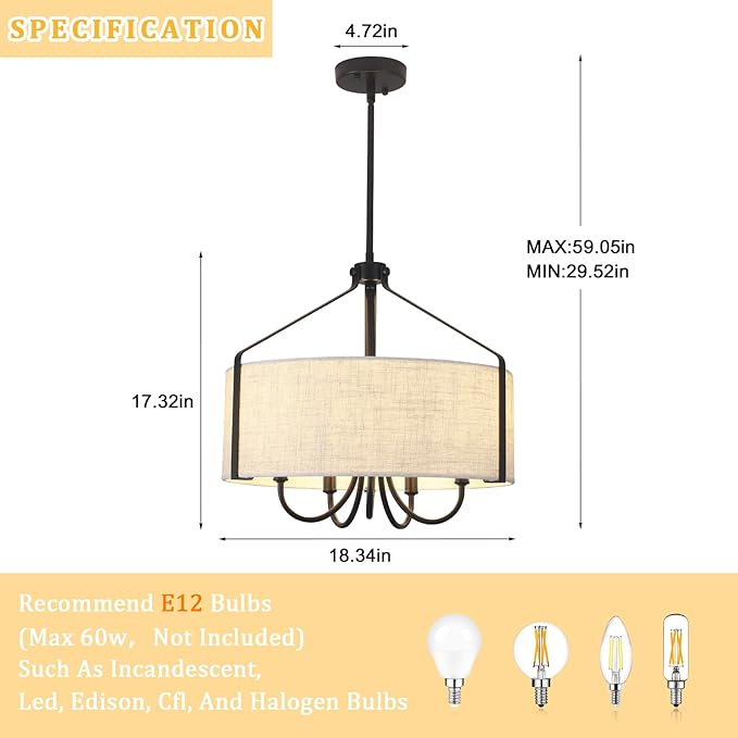 18'' Black Drum Chandelier for Dining Room Light Fixture 5-Light Modern Farmhouse Chandelier with Beige Linen Fabric Lampshade Large Drum Pendant Light Fixture for Kitchen Living Room Bedroom