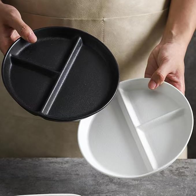 (5 Pack) Portion Control Plate for Balanced Eating, 9" Unbreakable Divided Plates,3 Compartment Round Plates, Reusable Plastic Plates, BPA Free for Kids Adults Bariatric Diet (Black)