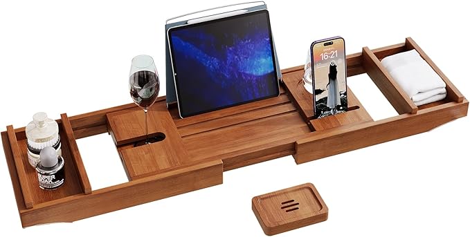 Teak Bathtub Tray, Wooden Bath Tub Tray Expandable Teak Bath Caddy with Book and Wine Glass Holder