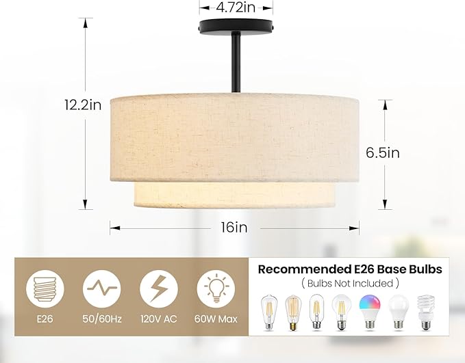 3 Light Double Drum Semi Flush Mount Ceiling Light, Close to Ceiling Light Fixture, 16 Inch with Fabric Linen Shade, Black Brass, for Living Room, Bedroom, Dining Room,Hallway and Entryway