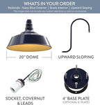 Steel Lighting Co. Redondo Barn Light | Outdoor Wall Mounted | 20 inch Dome | Upward Sloping Gooseneck | Large Farmhouse Warehouse Light Made in America | Navy Blue Exterior/Brass Interior