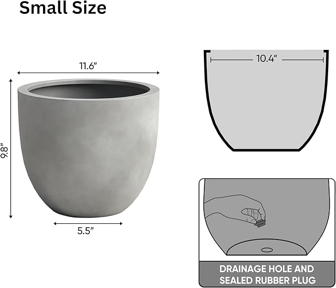 DTY Signature Mount Belford Lightweight and Durable Modern Fiberstone Egg Shaped Planter for Indoor Outdoor Drainage Hole & Rubber Plug Weather Resistant, 10" H x 12" Dia, 10" Opening - Small, Gray