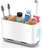 Toothbrush Holders for Bathrooms - Bamboo Divider Toothbrush and Toothpaste Holder with Drainage, Kids Electric Toothbrush Organizer for Bathroom Countertop, White Tooth Brush Holder