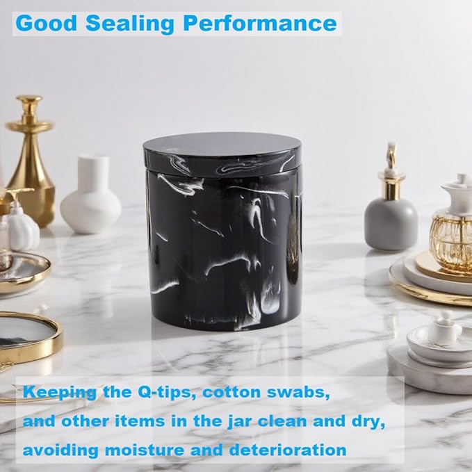 Cotton Swab Holder with Lid, Round Qtip Holder Bathroom Black Marble, Resin Cotton Ball Canister Jar Cosmetics Makeup Countertop Organizer Containers Canister Apothecary Jar, Marblized