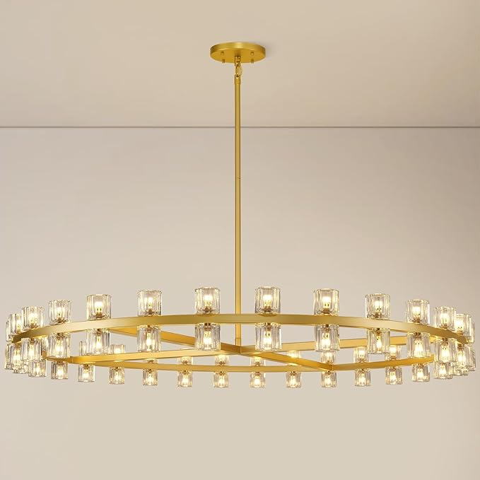 Modern 60 inch Gold Round Chandelier, Extra Large Chandeliers Crystal Chandeliers for Living Room, Large Wagon Wheel Chandelier for Foyer, Staircase, Entrance,Includes Bulb